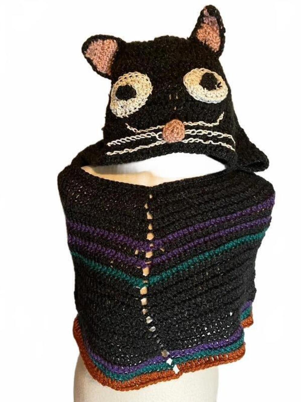 Handmade crocheted kitty cat hooded shawl black witchy whimsy goth